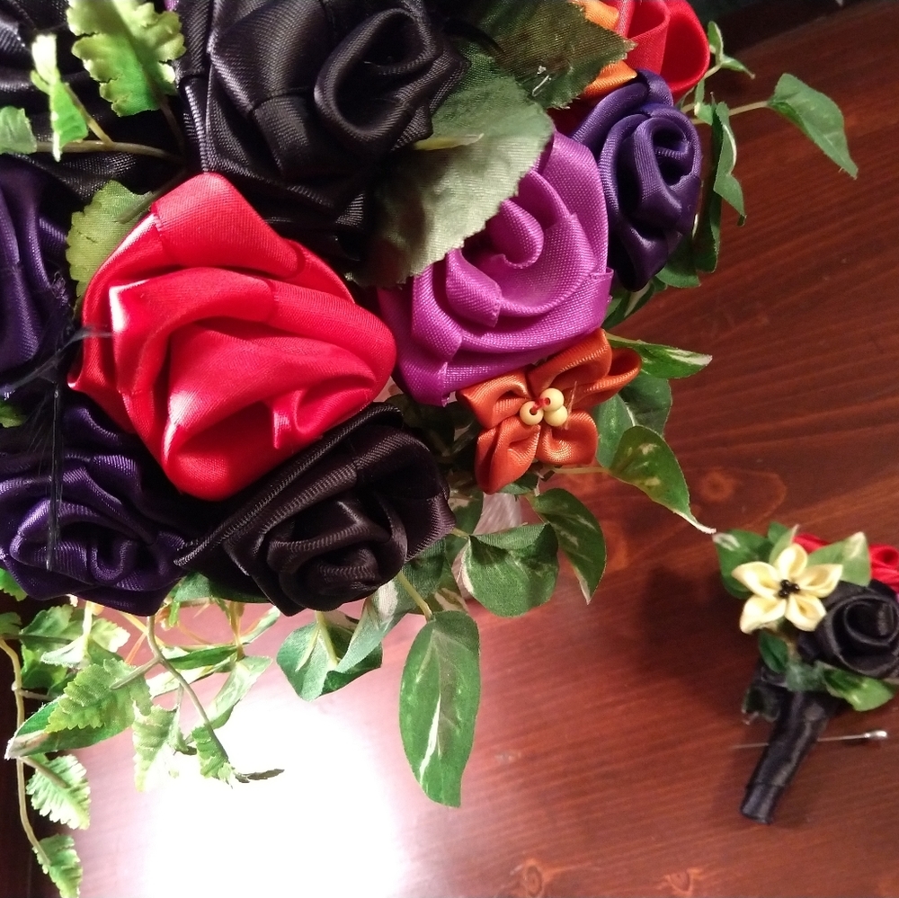 Red purple black wedding bouquet, boutonniere set